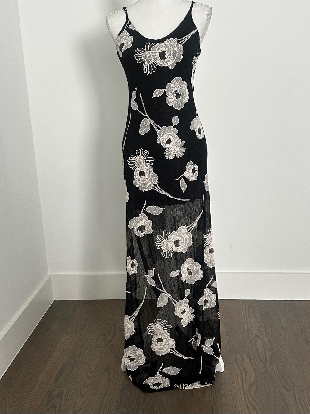 Astr Black Maxi Slip Dress with White Floral Embroidery